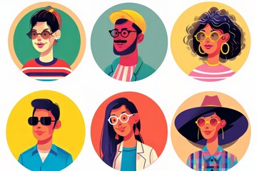 Colorful illustrated portraits of diverse individuals wearing stylish sunglasses in circular frames.