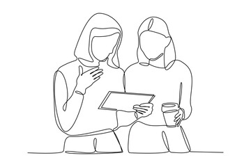 One continuous line drawing of two people meet over drinks and looking at the tab. Frienship, meet up, gathering. simple line.