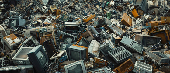 A massive pile of old, discarded electronics, including televisions and radios, showing the impact of electronic waste on the environment.