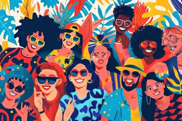 Diverse friends enjoying vibrant summer party with colorful backgrounds and joyful expressions