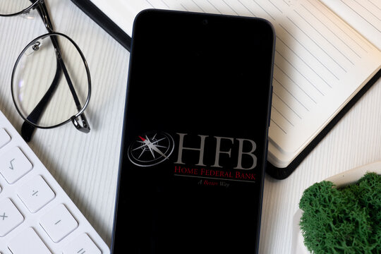New York, USA - 1 June 2024: Home Federal Bank Logo on Phone Screen, HFB Company Icon