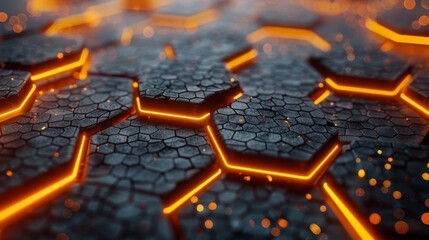 A futuristic scene featuring geometric hexagonal patterns emitting a warm orange glow, symbolizing energy, connection, and technological advancement in modern design.