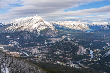 Overlook view Town of Banff, Cascade Mountain and surrounding snow-covered Canadian Rocky Mountains in early winter time. Banff National Park, Alberta, Canada.