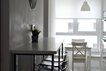 narrow kitchen with poor lighting. Modern moninalist white studio kitchen