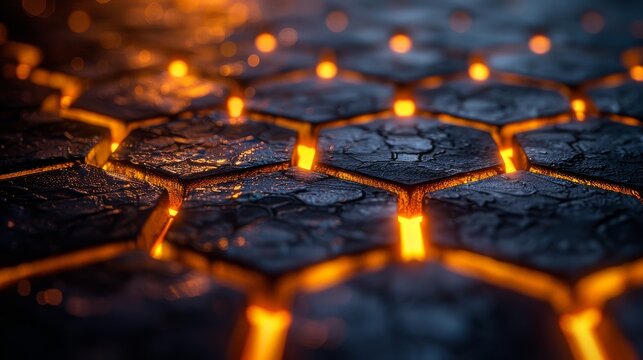 An abstract depiction of hexagonal floor panels with illuminated edges, presenting a striking visual of depth, texture, and interconnectedness expressed through glowing lines.
