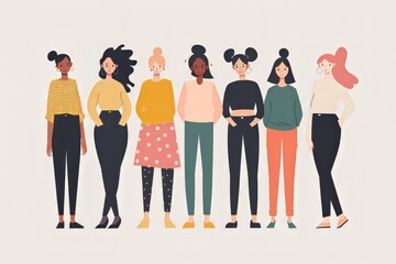 Fototapeta premium Diverse group of women standing together, showcasing unique styles and empowered unity.