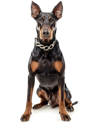 Obraz premium Doberman sitting in front of camera isolated on background