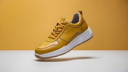 An elegant women's trainer made of yellow leather that seems to float on a white backdrop. This stylish sports casual sneaker doubles as a mock-up and is ideal for imaginative minimalistic layouts.