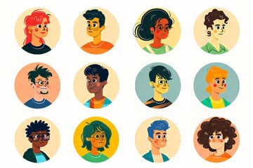 Diverse cartoon avatars with various hairstyles, genders, and ethnicities in colorful circles
