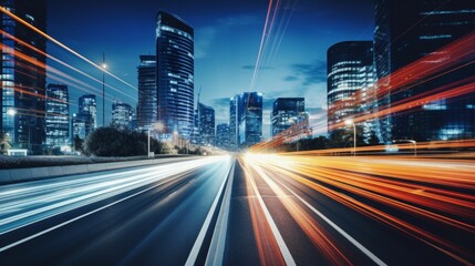 Fototapeta premium Light trails on the modern building background. Light trails at night in urban environment, Abstract Motion Blur City, traffic, transportation, street, road, speed