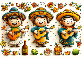 Three children are playing guitars and smiling. The image is colorful and cheerful, with a focus on the children and their instruments