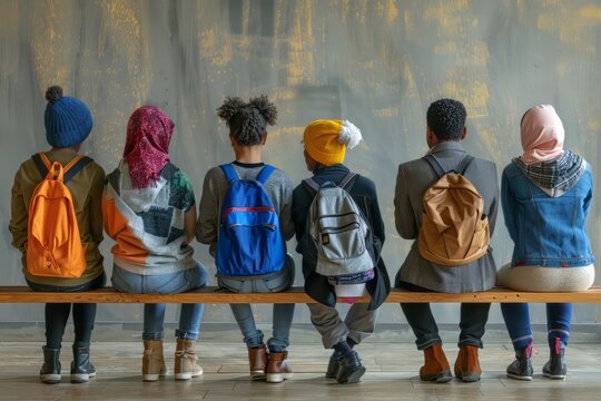 Diverse Group Of Students With Colorful Backpacks Sitting On A Bench, Viewed From Behind.