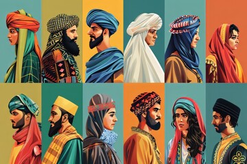 Obraz premium Colorful portraits of traditional clothing and headwear from diverse cultures, emphasizing heritage