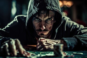 Fototapeta premium A person wearing a hoodie plays a game of cards, focus on the hands and the excitement