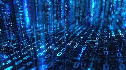 Abstract digital matrix background with encrypted data streams and binary code representing cybersecurity defenses
