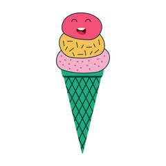Cute ice cream. Ice cream smile face. Summer element foot snack colorful flat design