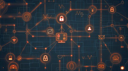 Network diagram with firewalls, secure nodes, and encrypted connections on a digital display