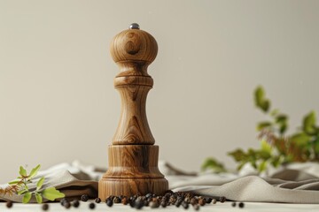 A wooden pepper mill sits on a table, ready for use