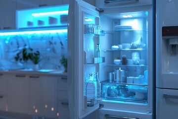 Refrigerator door open in a modern kitchen, great for food and beverage related content