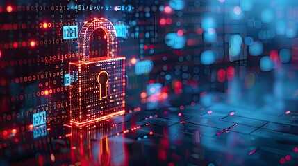 3D hologram of a secure digital lock with binary code streaming in the background