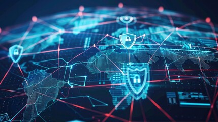 Obraz premium Digital globe with network connections and cybersecurity shields, symbolizing global cyber protection