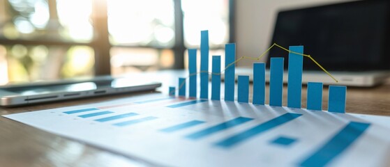 Business financial growth trends displayed in blue bar charts on financial documents the background is a laptop on a work desk in the office.