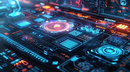 Advanced cybersecurity interface with holographic screens and real-time monitoring