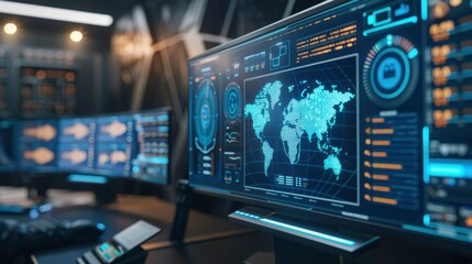 Cybersecurity software displaying threat detection and response on a high-tech interface