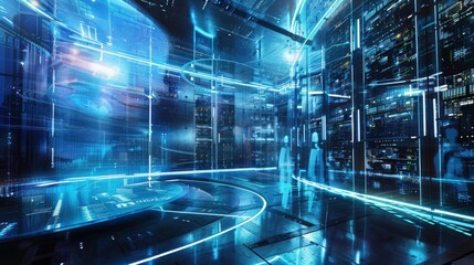 Futuristic server room with holographic data streams and cybersecurity measures in place