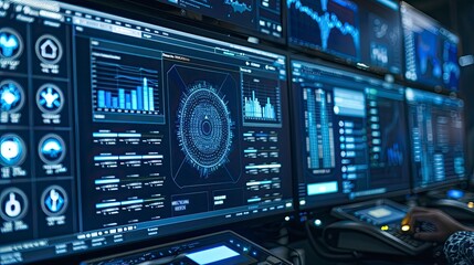 Cybersecurity software displaying threat detection and response on a high-tech interface