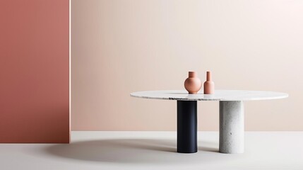 a modern and contemporary dining table with a marble top and round legs on a light background