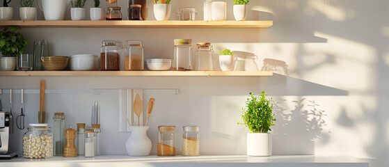 Sunlit kitchen shelf with an array of jars, plants, and utensils neatly organized, creating a cozy and inviting atmosphere.