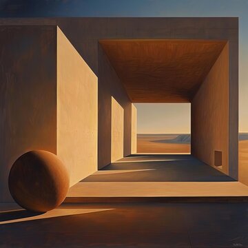 a painting of an empty nuclear power plant in the desert