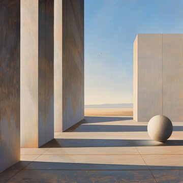 a painting of an empty nuclear power plant in the desert