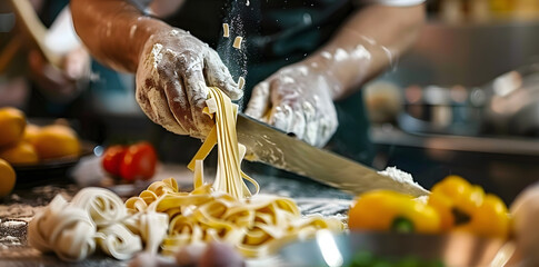 Obraz premium Close up man's hands making homemade pasta on a black background