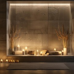 altar decorated with candles half made of concrete foundation, decorated with natral stones and crystals