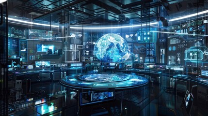 Futuristic control room with holographic displays showing real-time cybersecurity measures