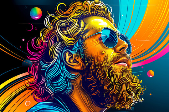 A man with a beard and sunglasses is the main subject of the image