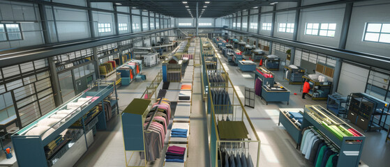 Inside a spacious, organized factory with rows of neatly arranged clothing, showcasing modern apparel production and efficient industrial design.