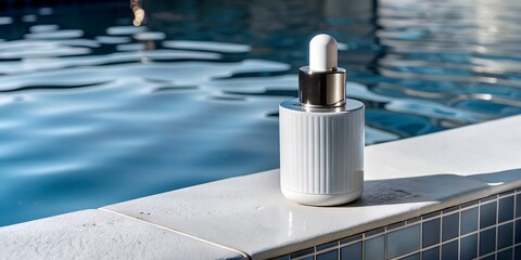 Obraz premium Cosmetic Product Bottle Near Swimming Pool