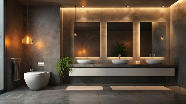 Modern luxury bathroom with double sinks and ambient lighting, contemporary interior design concept