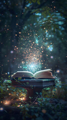 Magical image of open antique book over wooden table with glitter overlay