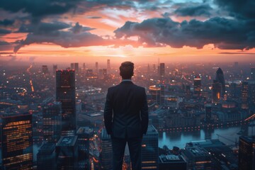 Businessman stands atop a skyscraper overlooking a bustling city at twilight, representing ambition, success, and leadership.