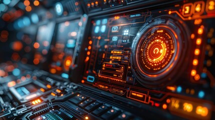 A high-tech interface displaying cybersecurity protocols and firewalls on a digital screen in a futuristic control room