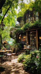 Obraz premium Charming garden cafe with rustic wooden furniture nestled under lush trees, creating a cozy and inviting ambience.