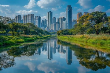 Obraz premium City skyscrapers reflected in a rural river, merging urban and rural scenes