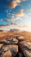 Stunning desert landscape with rocky terrain under a vibrant sky, featuring fluffy clouds and distant formations during golden hour.