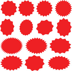 Starburst red sticker set special offer collection of sale round and oval sunburst labels and buttons isolated on white background. Starburst red sticker set - collection of special offer sale oval.