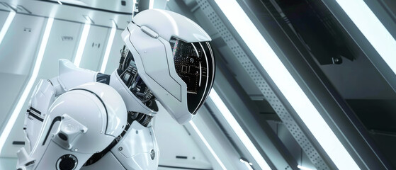 A humanoid robot, intricately designed with sleek white armor and advanced circuitry, stands in a high-tech facility.