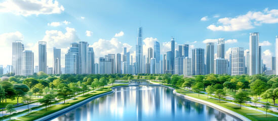 Obraz premium A city with a river running through it and a tall building in the background. The sky is blue and the sun is shining